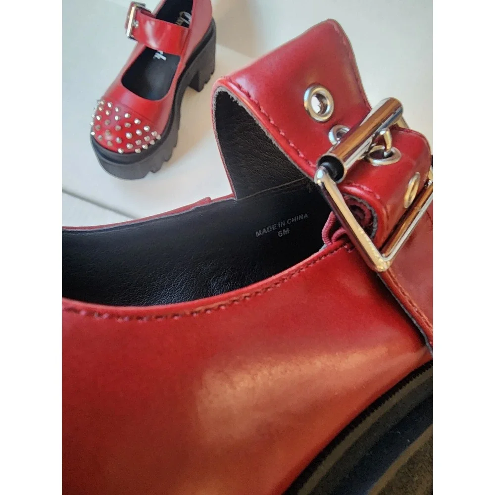 Charla Tedrick Platform Mary Janes Womens Size 6 Red Studded‎ Faux Leather Shoes